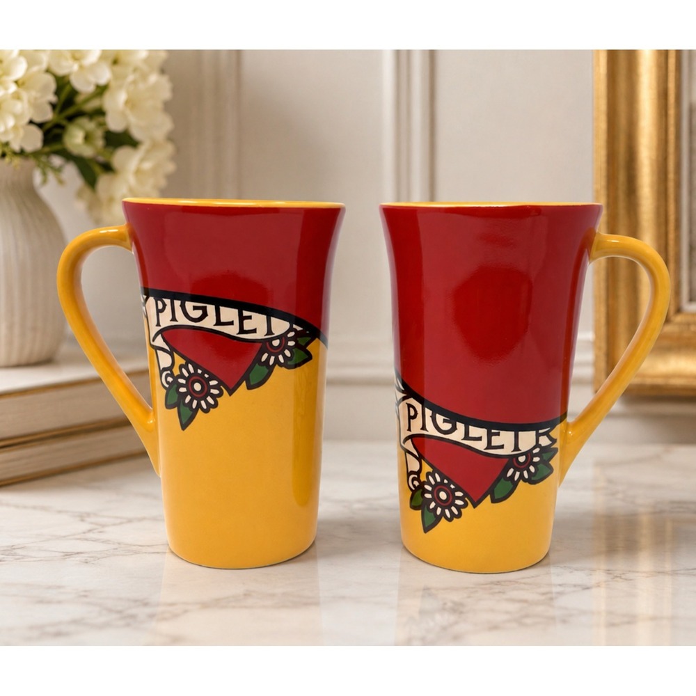 Set of 2 Disney Store Winnie the Pooh Piglet Latte Mugs Ceramic Tall Coffee Cups